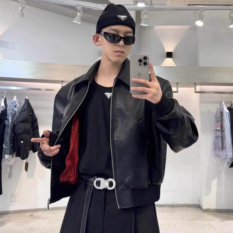ins嘻哈美式复古短款pu皮翻领皮衣夹克男 秋季宽松痞帅机车服外套