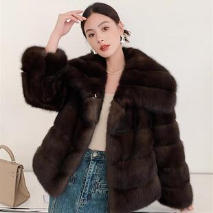 仿紫貂皮草外套女俄罗斯进口短款仿貂皮大衣气质天使之翼大翻领