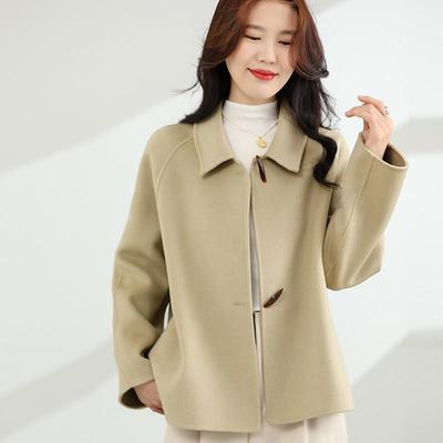 韩系赫本风牛角扣毛呢小个子羊毛娃娃领外套双面呢羊毛大衣女短款