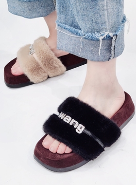 96022清版毛毛拖鞋女秋冬新款外穿水钻复古温柔仙女风增高一字拖