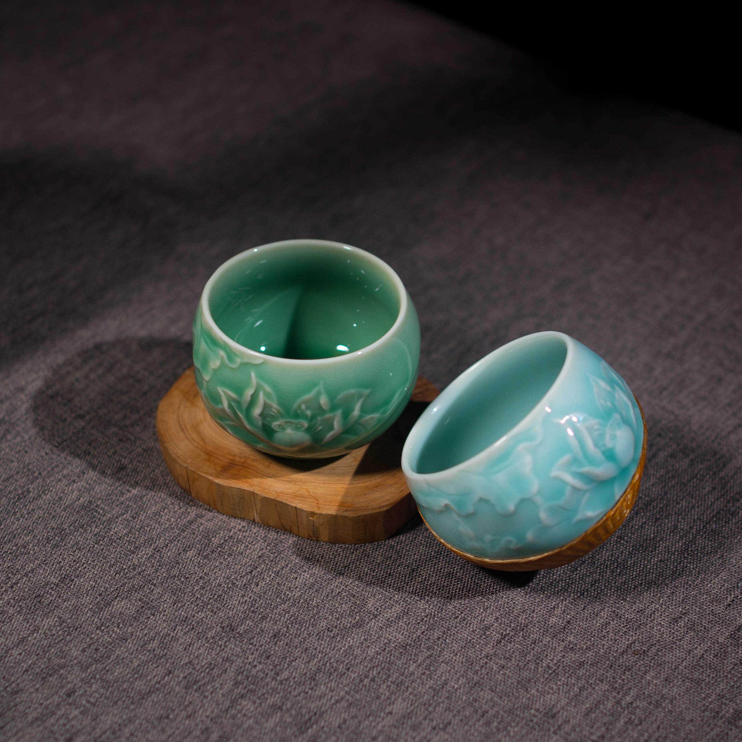 龙泉芳野窑火青瓷牡丹刻绘竹编主人杯大肚杯家用品茗杯喝茶杯单杯