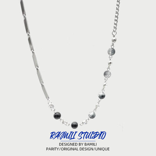 原创黑白水晶拼接金属链条项链男