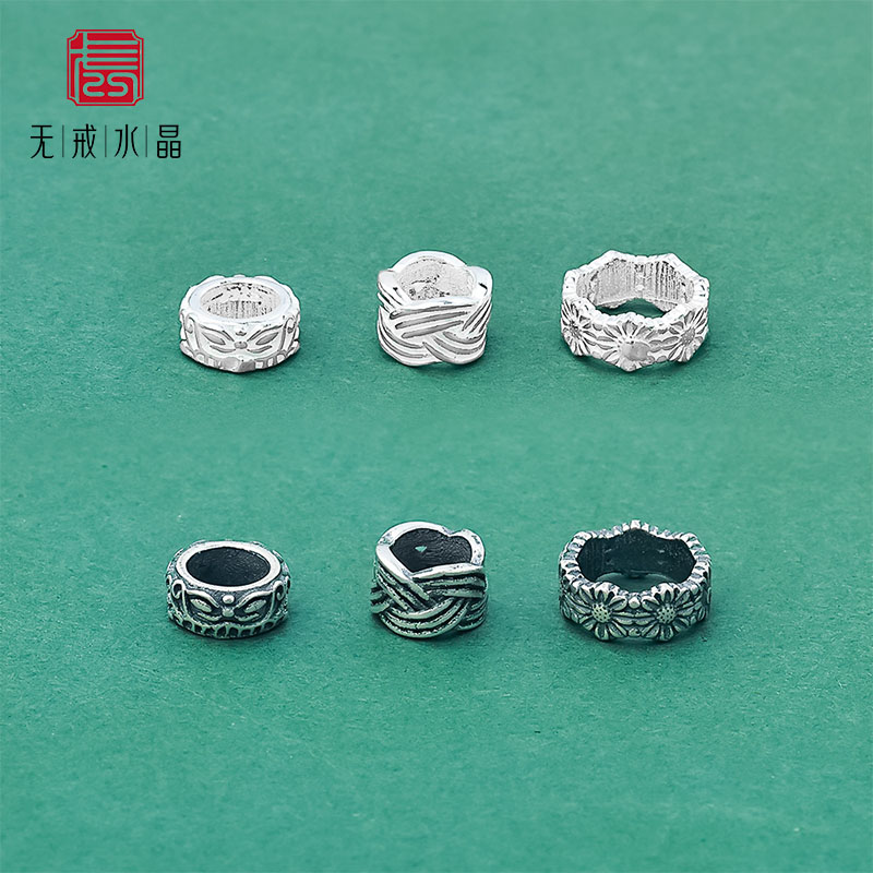 『无戒』s925纯银复古做旧面具编织纹小雏菊大孔隔珠diy编绳银饰