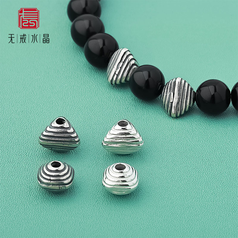 『无戒』S925纯银复古素银三角形方形螺纹珠隔珠diy手链饰品配件