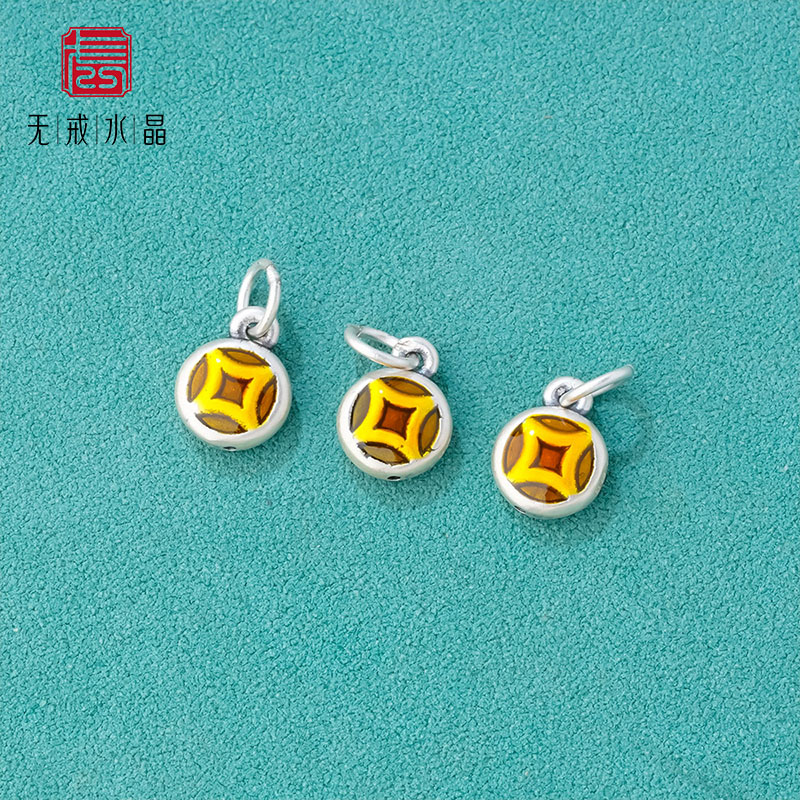 『无戒』s999纯银足银滴油招财纳福铜钱挂件坠手串链diy银饰配件