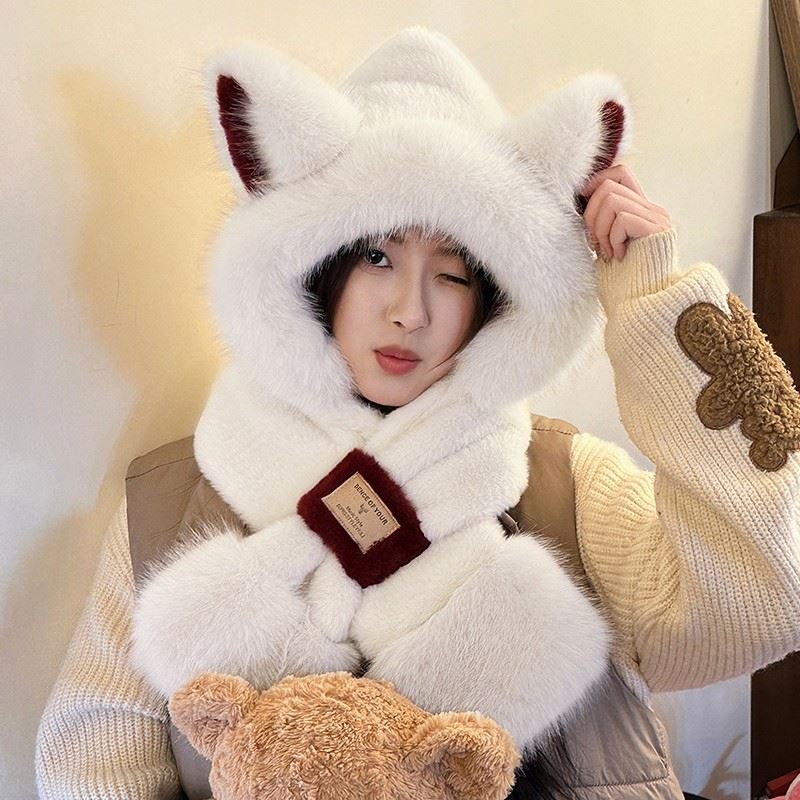 新款可爱耳朵狐狸围巾一体帽子毛绒围脖秋冬季保暖防寒加厚护耳帽