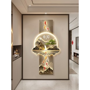 九鱼图入户玄关装饰画轻奢高级感走廊过道挂画新中式带时钟壁灯画