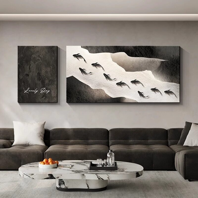 黑白抽象九鱼图客厅装饰画沙发背景墙挂画2026新款轻奢高级感壁画
