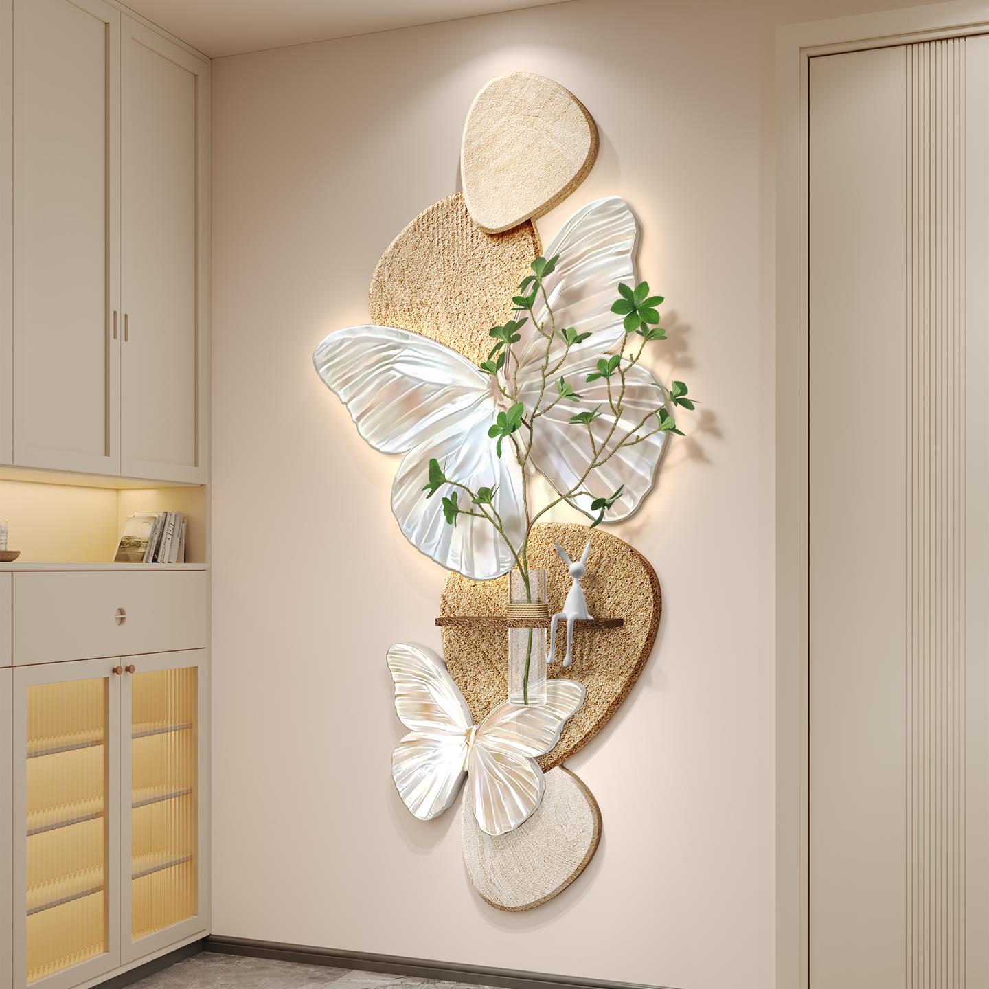奶油风石来运转玄关装饰画立体高级感入户正对门挂画蝴蝶墙壁灯画图片