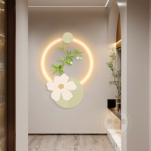 奶油风入户玄关装饰画绿植客厅走廊过道挂画高级感发光创意壁灯画