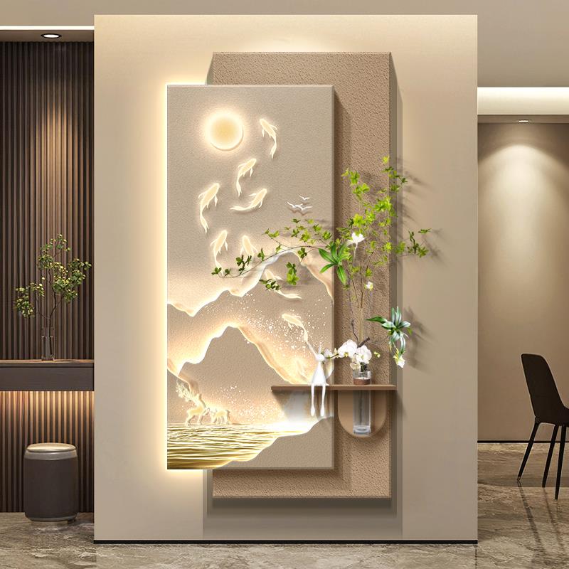 九鱼图奶油风玄关装饰画入户对门挂画立体客厅造景走廊过道壁画灯图片