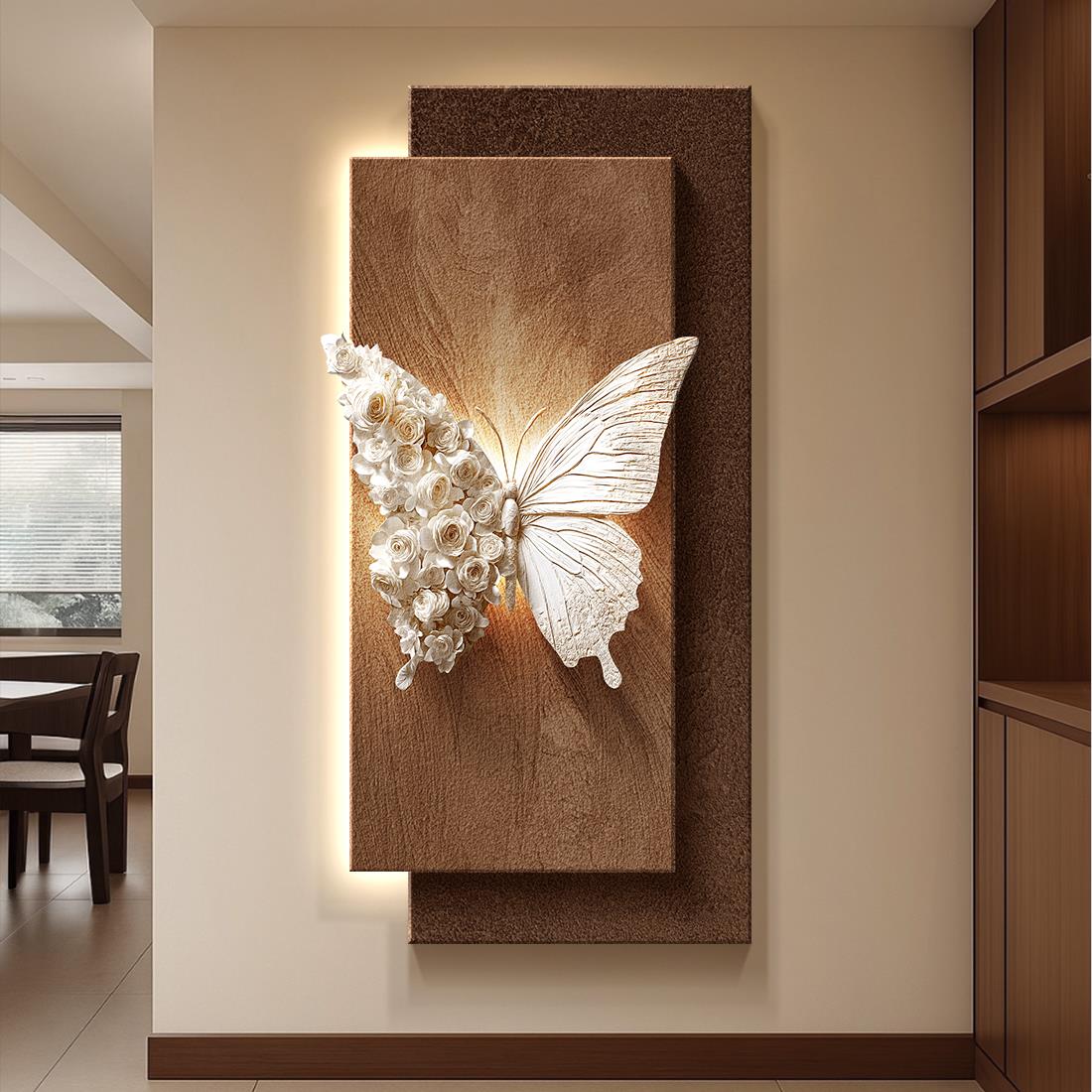 立体浮雕玄关装饰画高级感蝴蝶走廊过道发光挂画中古风立体壁画图片