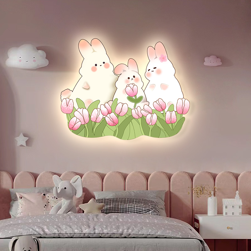 卡通动物儿童房装饰画led灯画简约兔子卧室床头挂画温馨艺术壁画图片