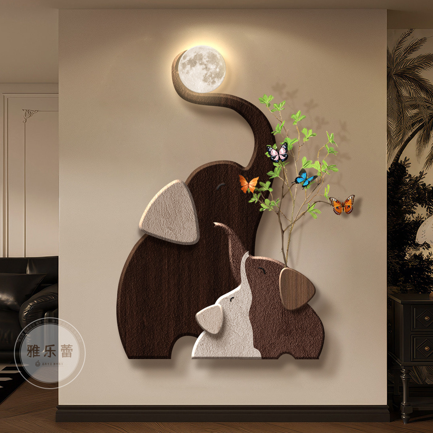 侘寂风大象玄关装饰画立体砂岩高级感走廊过道壁灯中古风入户挂画