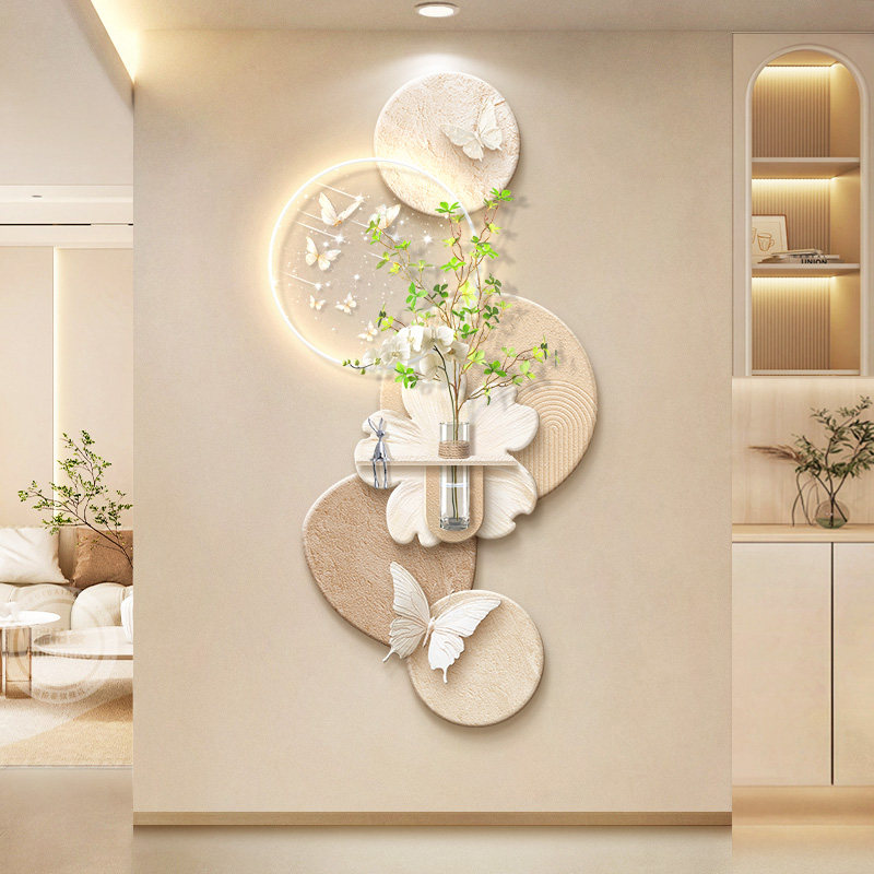 原木奶油风玄关装饰画花卉客厅走廊过道挂画高级感立体感应壁灯画