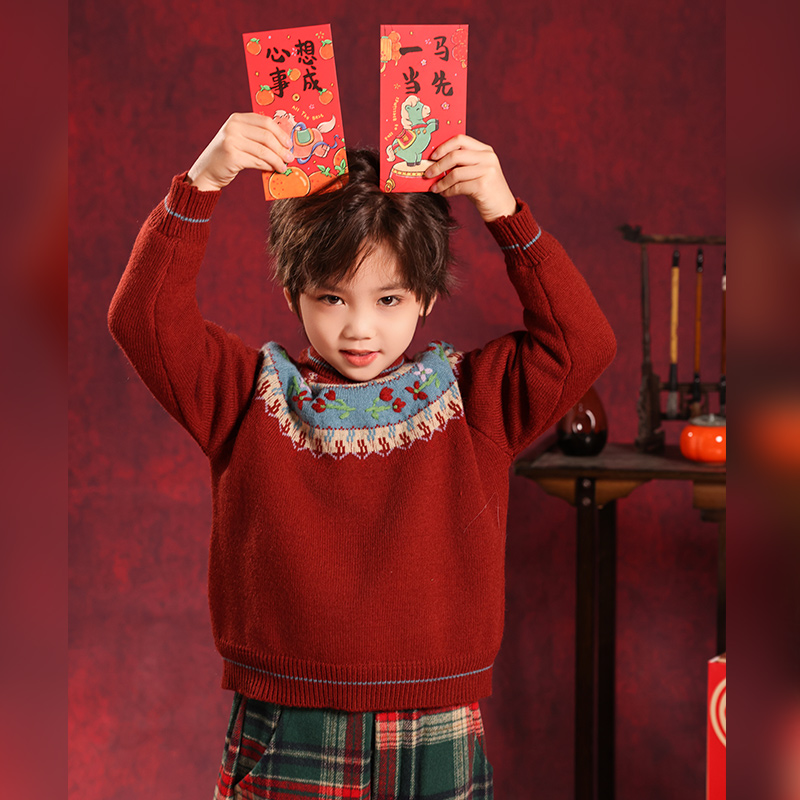 男童提花红色毛衣秋冬款儿童加厚保暖针织衫宝宝新年喜庆打底衫潮