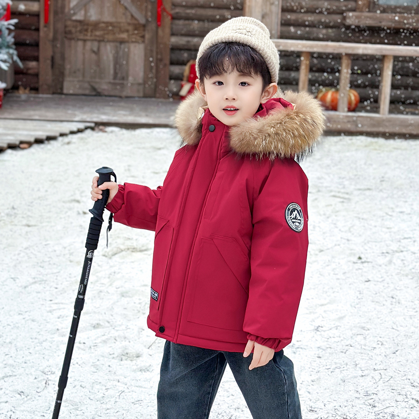 男童大毛领派克服冬装2025新款儿童加绒加厚棉服帅气连帽保暖外套