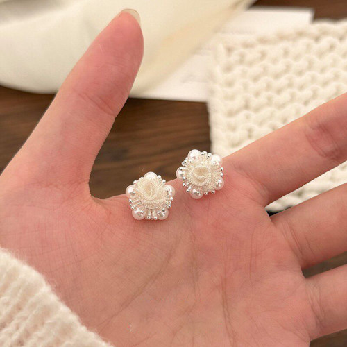 S925纯银白色网纱玫瑰花珍珠耳钉