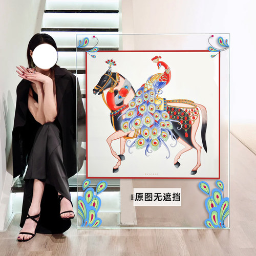 客厅轻奢孔雀马丝巾装裱挂画玄关高端亚克力框摆画服装店墙面壁画
