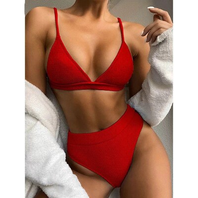 Push Up Bikini Set Swimsuits High Waist Swimwear Women Ribbe