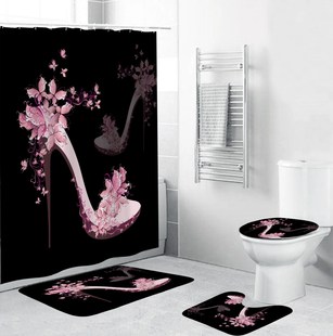 Black Shower Curtain Pink High Heels Bathroom Curtains with