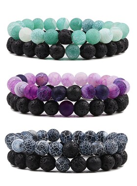 2PCS/Set Beaded Bracelets Bangles Set Natural Lava Stone Cou
