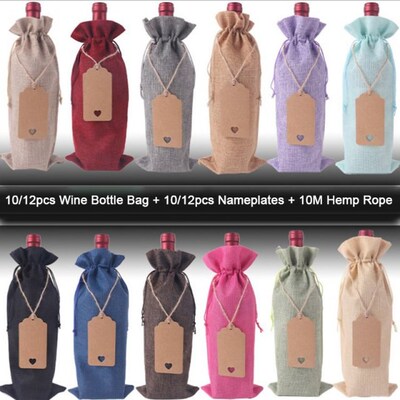 10/12Pcs Burlap Wine Bags Jute Wine Bottle Bags with Drawstr
