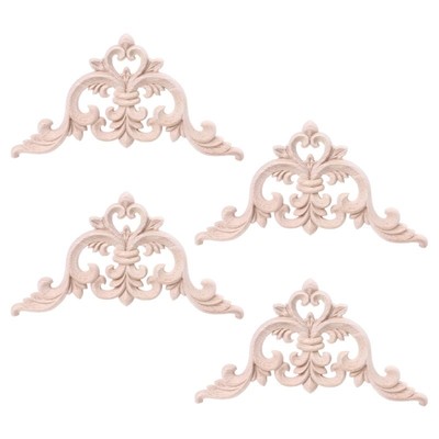4pcs Wood Carved Unpainted Floral Onlay Applique Window Corn