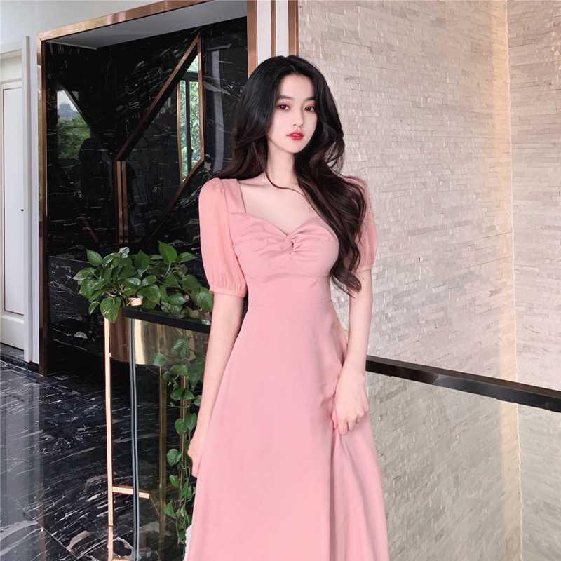 法式方领扭结收腰显瘦A字长裙女