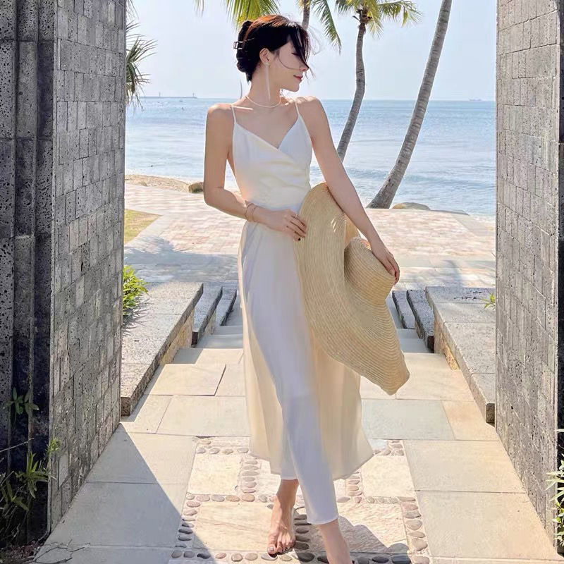 夏季法式吊带露背蝴蝶结连衣裙女
