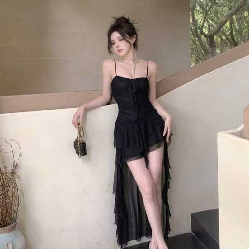 夏季纯欲黑吊带网纱显瘦连衣裙女