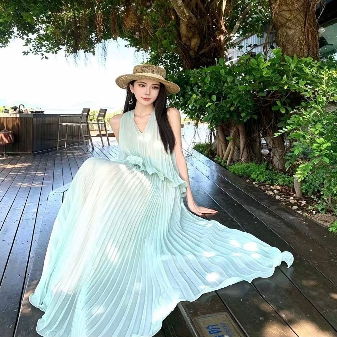 夏日度假修身压皱背心连衣裙