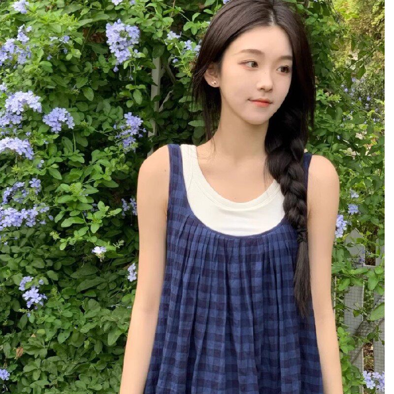 夏季法式蓝格子吊带A字连衣裙女