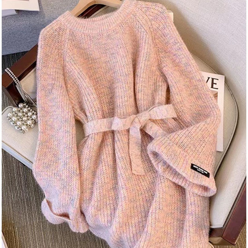 慵懒风针织衫毛衣女2025秋冬新款别致宽松显瘦收腰中长款套头上衣