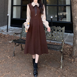 法式复古学院风双层领红色连衣裙秋冬赫本风灯芯绒大码长裙假两件