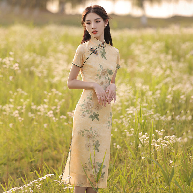夏季中式改良旗袍立领花朵连衣裙