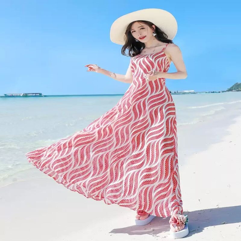2026夏季露背雪纺吊带沙滩长裙子