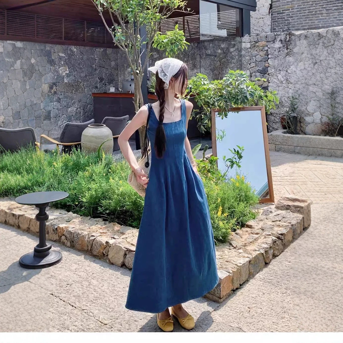夏蓝雾之恋法式牛仔吊带连衣裙女