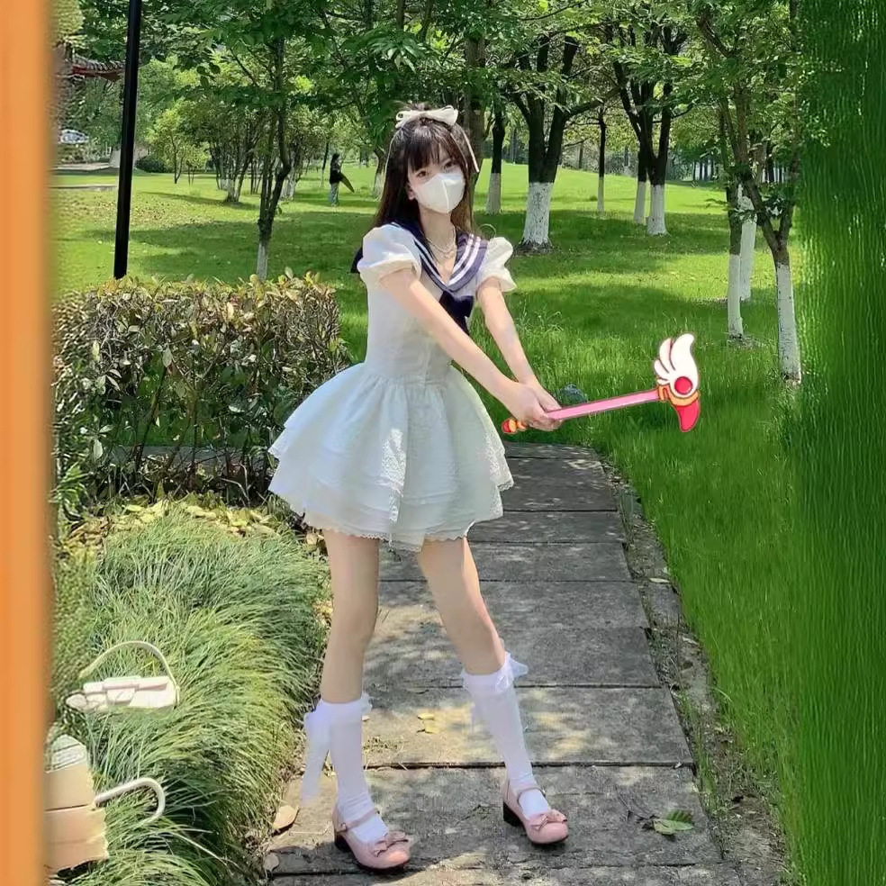 夏季甜辣妹海军领蕾丝公主蓬蓬裙