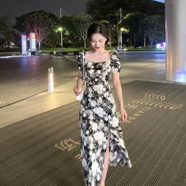 改良旗袍碎花连衣裙女夏季时尚韩版短袖方领修身侧边开叉过膝长裙