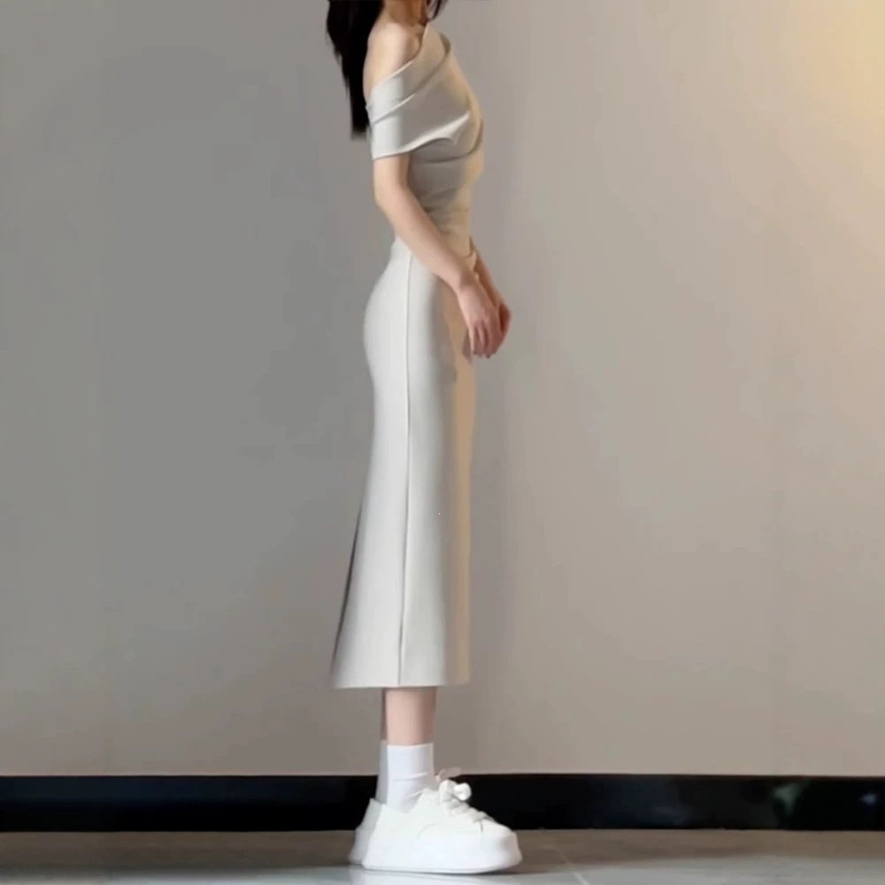 夏季性感斜肩一字肩包臀连衣裙女