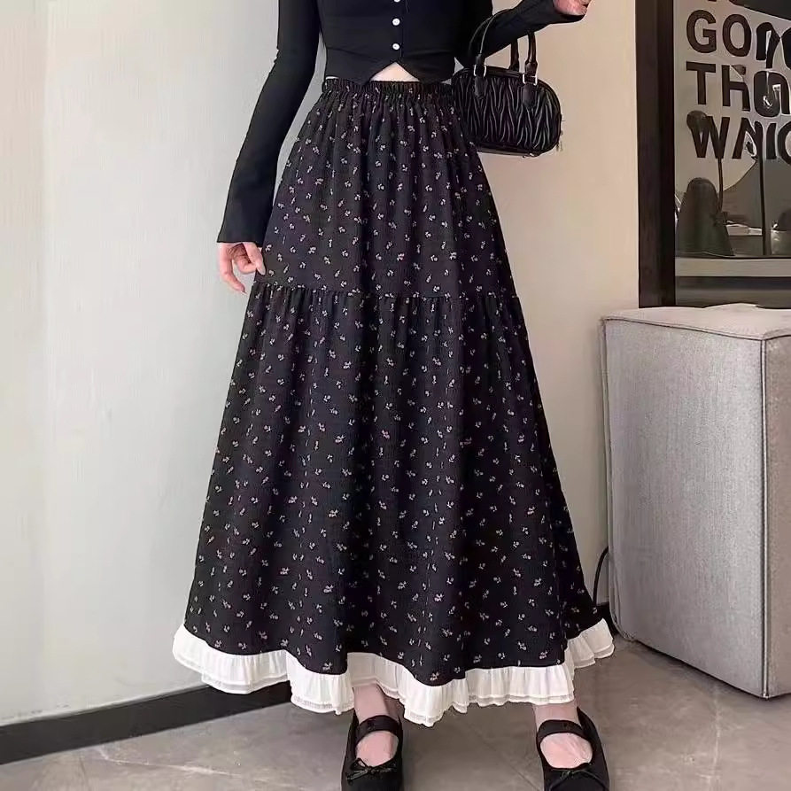 白色碎花半身裙高腰春夏中长款设计感小众百搭长裙不规则仙女裙女