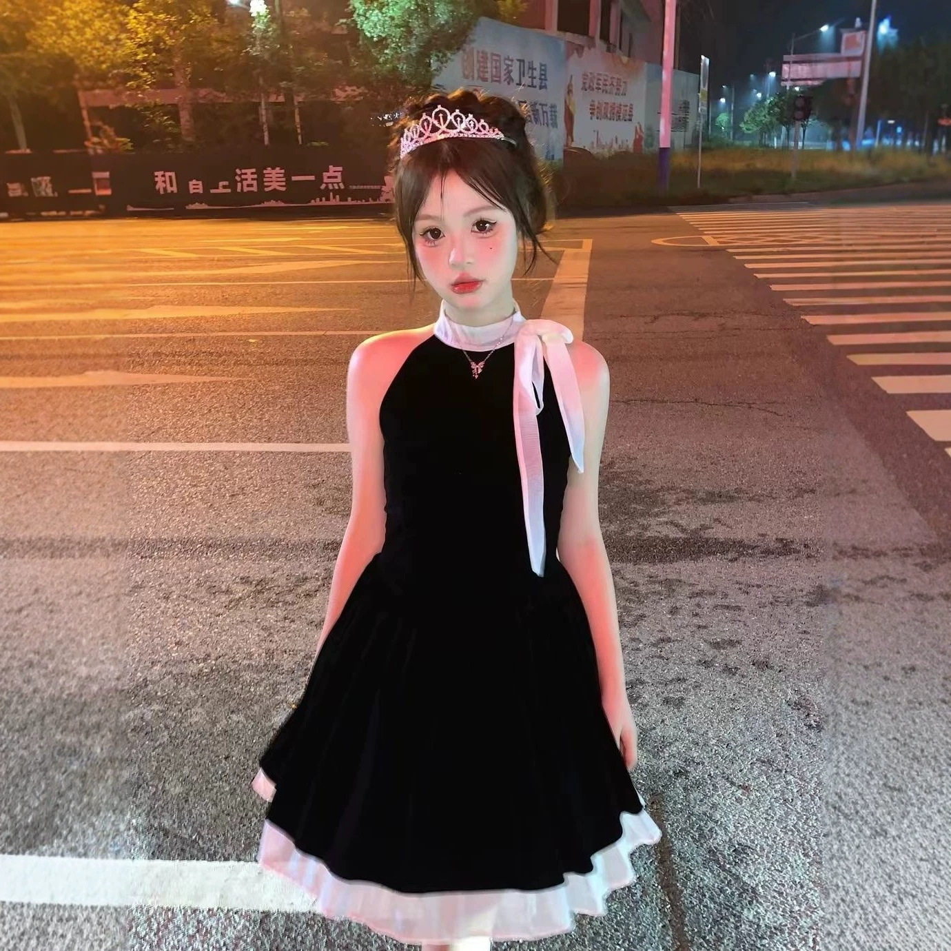 法式纯欲高腰显瘦蝴蝶结连衣裙女