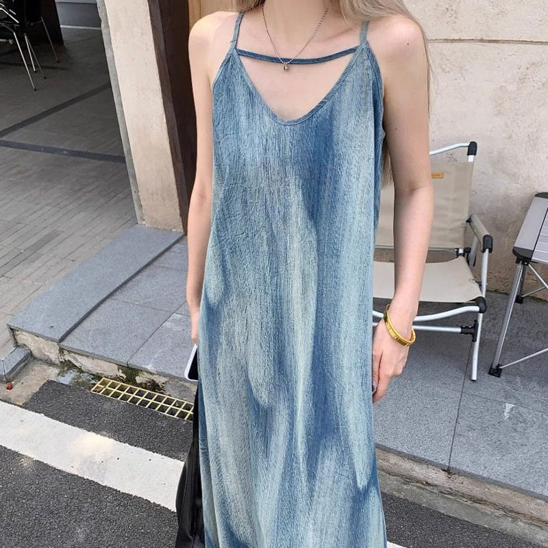 美式复古晕染牛仔蓝吊带连衣裙女