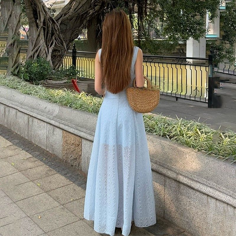 夏季法式蕾丝吊带度假连衣长裙女