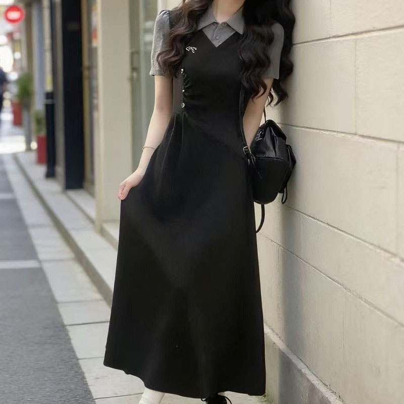 法式POLO短袖假两件收腰连衣裙女
