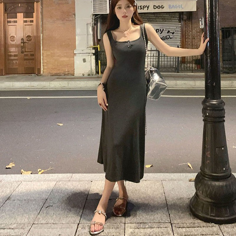 无袖气质修身显瘦吊带背心裙长裙女辣妹风灰色高腰内搭方领连衣裙
