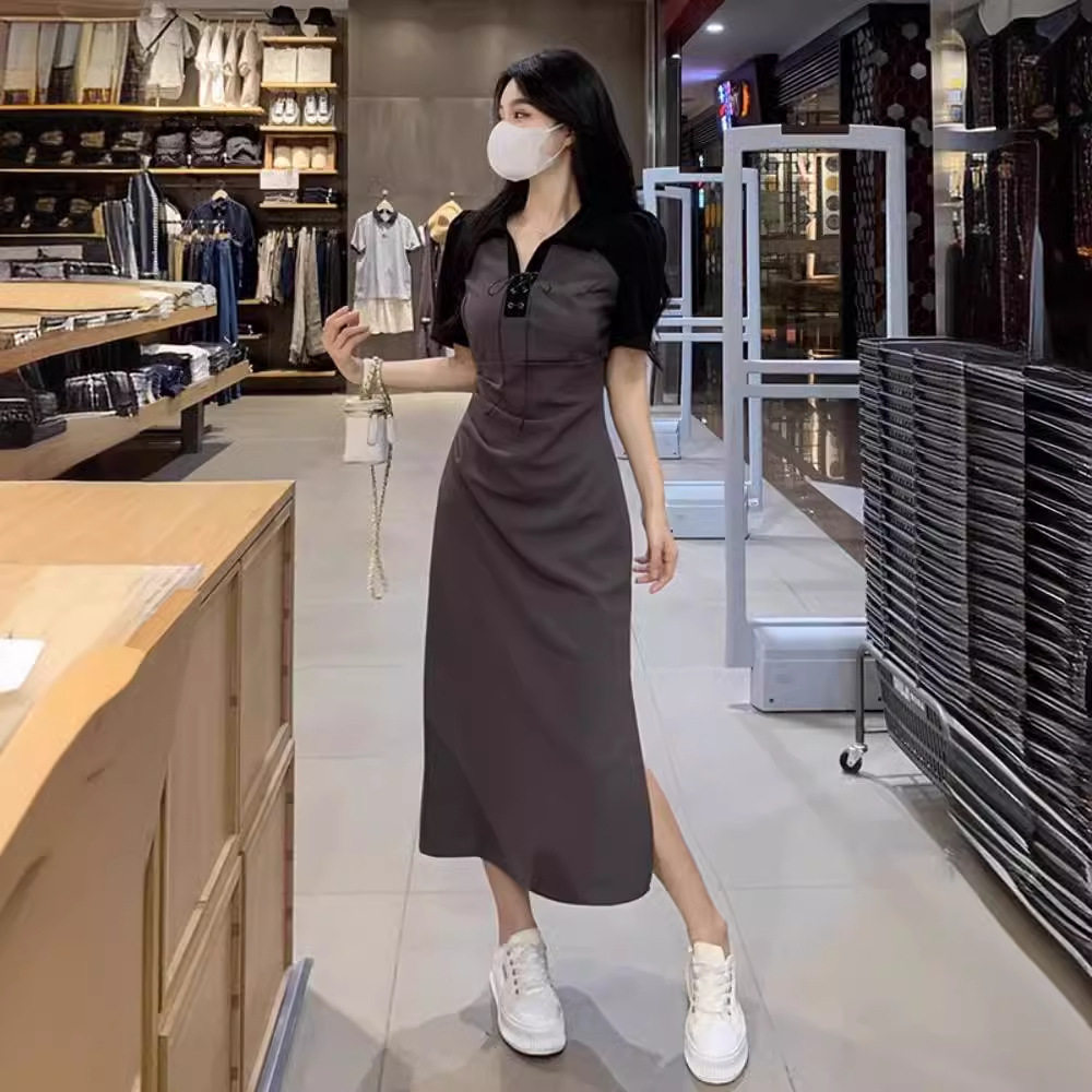 夏季拼接POLO领短袖显瘦连衣裙女
