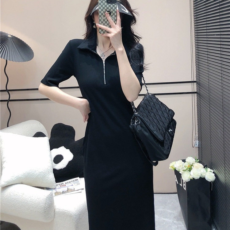 夏季条纹POLO领拉链短袖连衣裙女