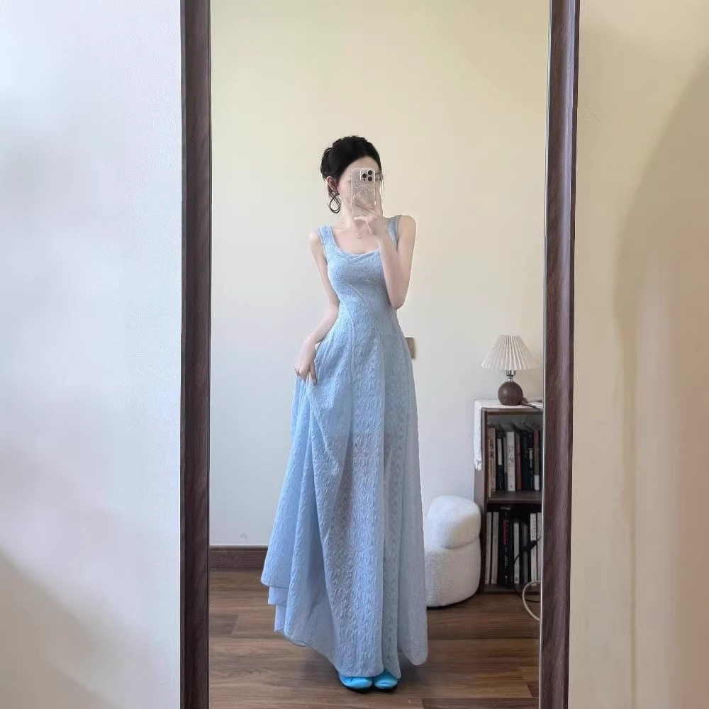 夏季法式蓝色蕾丝吊带收腰长裙女